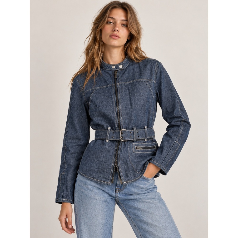 Vtg Levis Engineered Jeans Jacket Womens M Belted Denim Moto Asymmetrical Zipper